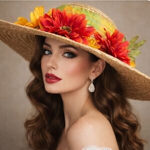 Straw Floral Applique Kentucky Derby Style  Hat